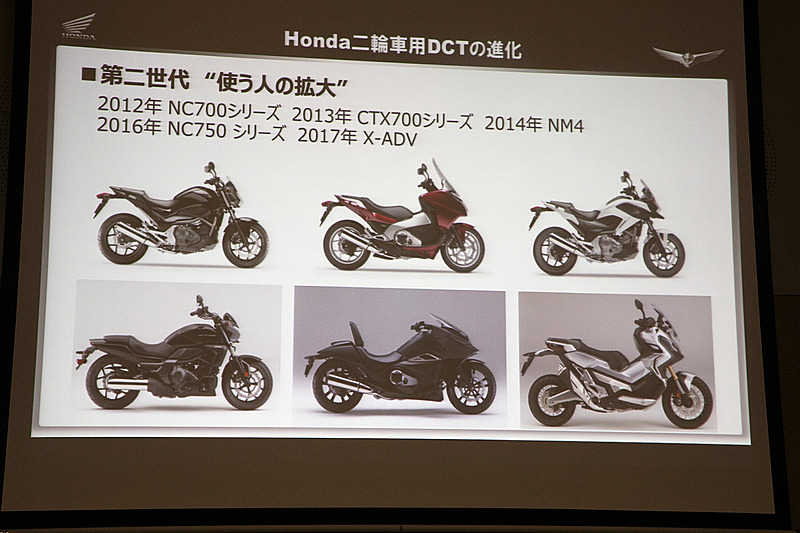 新型ゴールドウイングに搭載されるDCTは第3世代という位置付けになるので、その進化の過程も紹介された。2008年にミラノショーで発表したのち、2010年に「VFR1200F」に初めて搭載。V型4気筒エンジンへの搭載は非常にハードルが高いものだったという