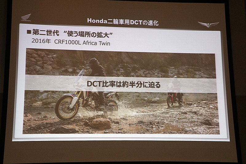 現在発売中の「CRF1000L Africa Twin」では、4輪用のデバイスなども取り入れて進化した第2世代のDCTを搭載。新車販売ではDCTを選択するライダーが販売台数中、約半分まできているとのこと。オフロードでもDCTは使えることを表すデータでもある