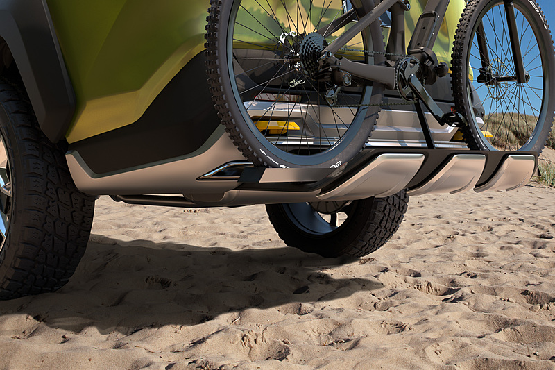 最低地上高の高さに加え、フロントとリヤにアンダーガードを装備、多彩な「冒険」を可能にする悪路走破性を表現