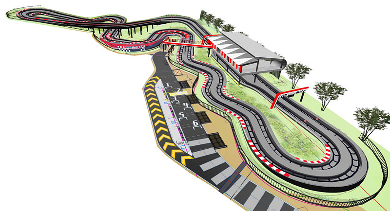 DUEL GPのコースは鈴鹿サーキットの国際レーシングコースと同形状の「8の字」スタイル。1周の乗車時間は約90秒で、ホームストレートではマシンが自動的に最高速の40km/hまで加速