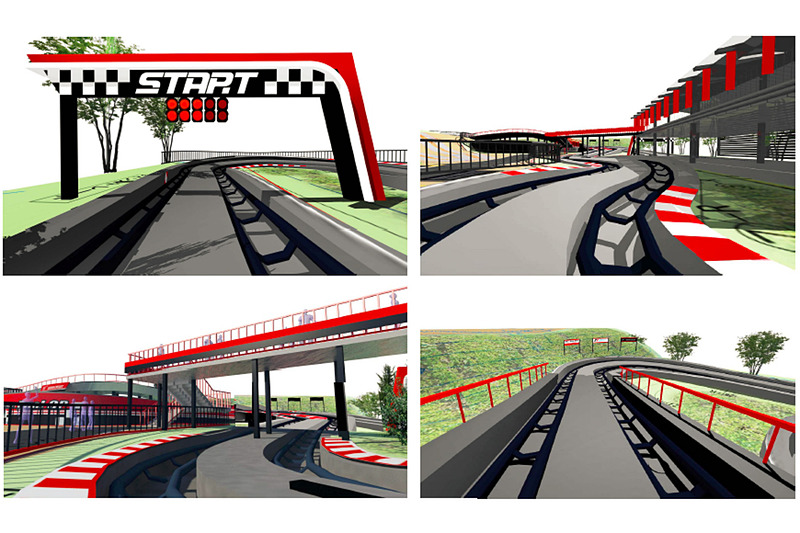 DUEL GPのコースは鈴鹿サーキットの国際レーシングコースと同形状の「8の字」スタイル。1周の乗車時間は約90秒で、ホームストレートではマシンが自動的に最高速の40km/hまで加速