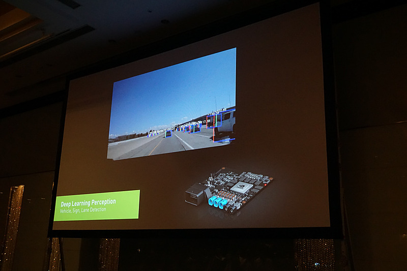 自動運転DRIVE AV コンピューティング・プラットフォームについて説明するスライド