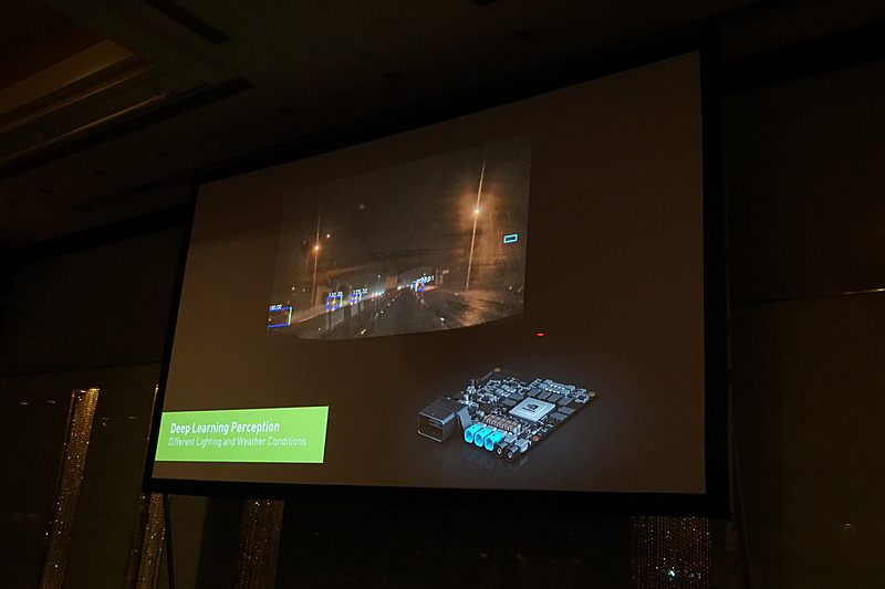 自動運転DRIVE AV コンピューティング・プラットフォームについて説明するスライド