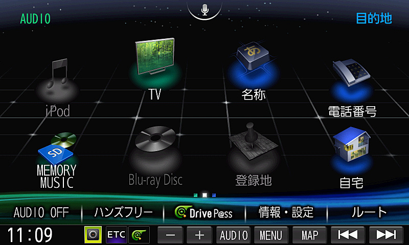 メニューボタンを押すとAV系とナビ系のメニューを表示する2トップメニューに