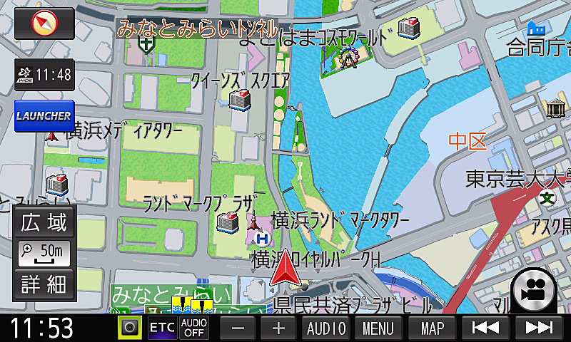 もっともベーシックな50mスケール。これは市街地図表示だが設定で通常地図に変えることもできる