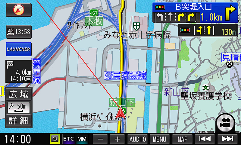 一般道案内中、案内ルートを無視して並行する高速道路へ。認識はしたものの少し遅め