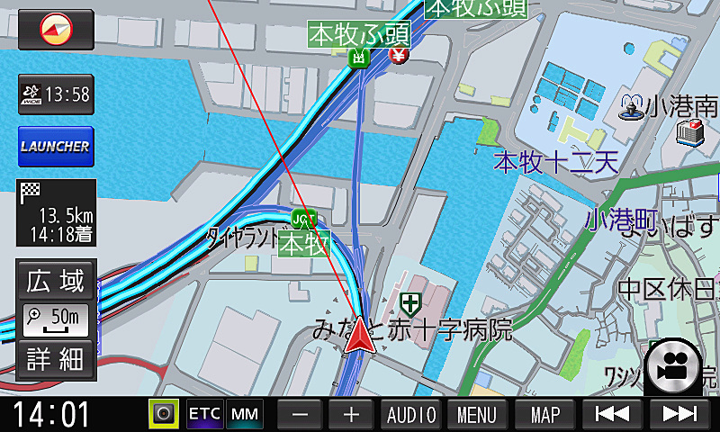 一般道案内中、案内ルートを無視して並行する高速道路へ。認識はしたものの少し遅め