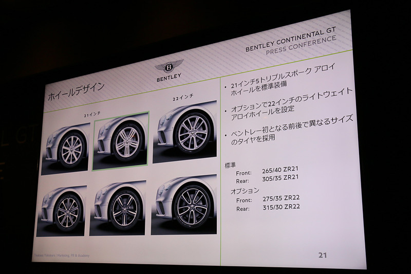 ベントレーモデルで初めて、フロント265/40 ZR21、リア305/35 ZR21という前後異径タイヤを採用。オプションとして22インチのタイヤ＆ホイールも用意する
