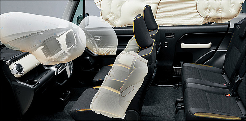 運転席・助手席SRSエアバッグを全車標準装備したほか、フロントシートSRSサイドエアバッグとSRSカーテンエアバッグをHYBRID MZと、HYBRID MXのスズキ セーフティサポート パッケージ装着車に標準装備