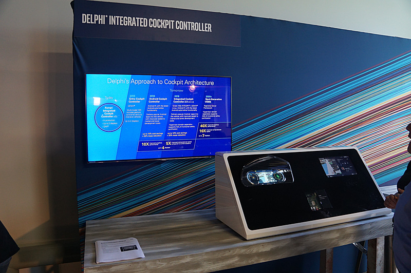 Delphiが試作したインテル Atomプロセッサーを利用して、メーターとIVIを実現するデモ。Intelの仮想化技術（Intel VT）を利用して、両方の機能を1チップで実現している