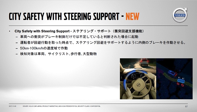 XC60から「City Safety」に「ステアリング・サポート/衝突回避支援機能」を追加