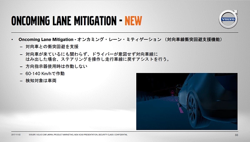 センターラインを検知して対向車との衝突回避を支援する「オンカミング・レーン・ミティゲーション」