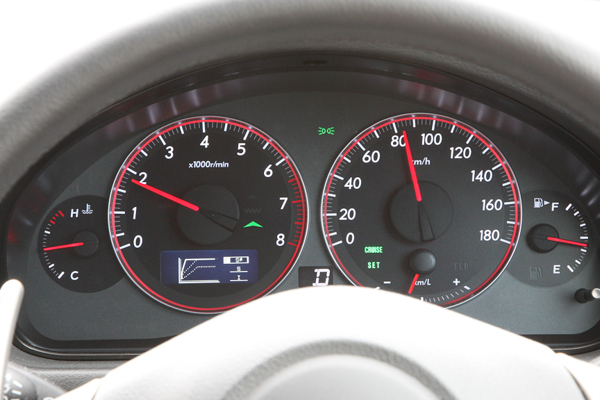 現在のSI-DRIVEのモードは、タコメーター下部のマルチインフォメーションディスプレイに表示できる。これは［S#］モード。性能曲線のようなものが実線や破線で表示されているが、あくまでイメージ