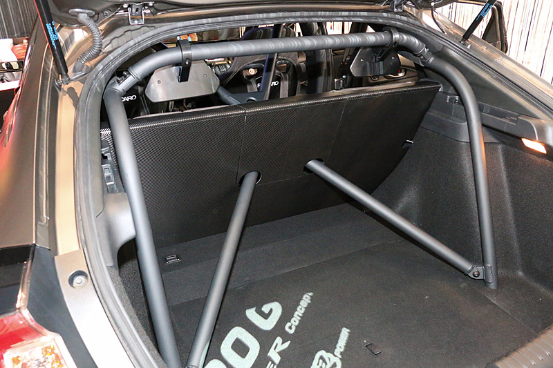 ロールケージはキャビンだけでなく、リアシートの中央を貫通してラゲッジスペースまでしっかりと補強。リアシートの背もたれもカーボン製となっている