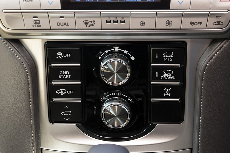 センターコンソールの操作パネル。中央上は「マルチテレインセレクト」、中央下はフルタイム4WDの操作ダイヤル。左側はVSCのOFFスイッチや車高調整、右側はマルチテレインセレクトや「クロールコントロール」などを操作するスイッチとなる