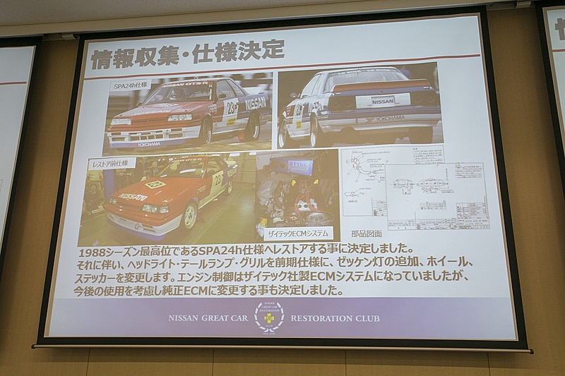 海外のレースを走っていたクルマなので残っている資料が少なかったとのこと。残っていた現車もグリル、ヘッドライト、テールランプが変更されていたりパーツの欠品があったりした