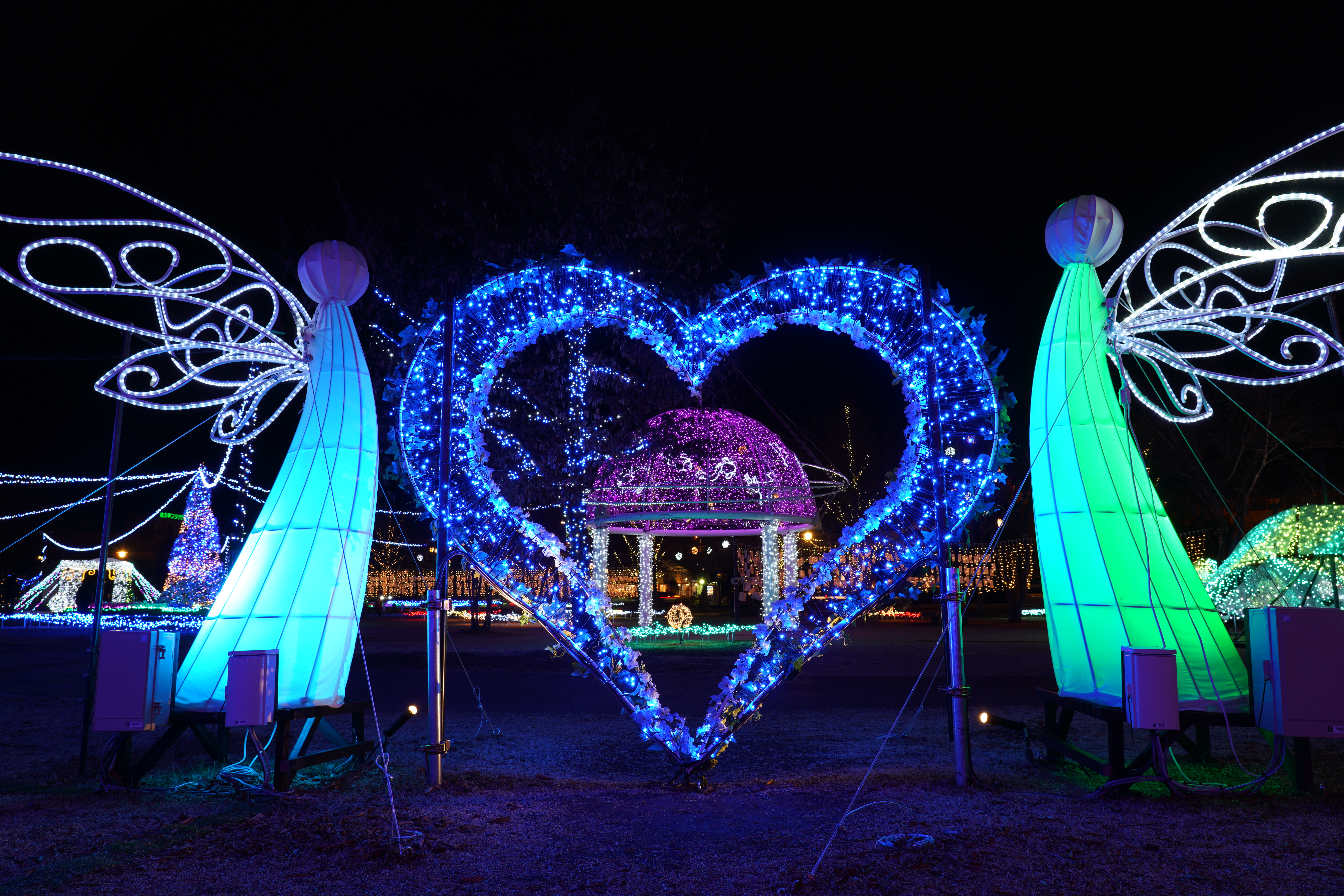 【作例】東京のイルミネーションに比べると規模は小さいが、さまざまな形や色のイルミネーションがあるので意外と楽しめた。でも、気温は－2℃くらいで、寒いというより痛かった。撮影データ/ソニーα7R III FE24-105mm F4 G OSS（24mm域） 絞り優先オート F8 1.3秒 +0.3EV ISO100 WB：AUTO（ホワイト優先） クリエイティブスタイル：夜景