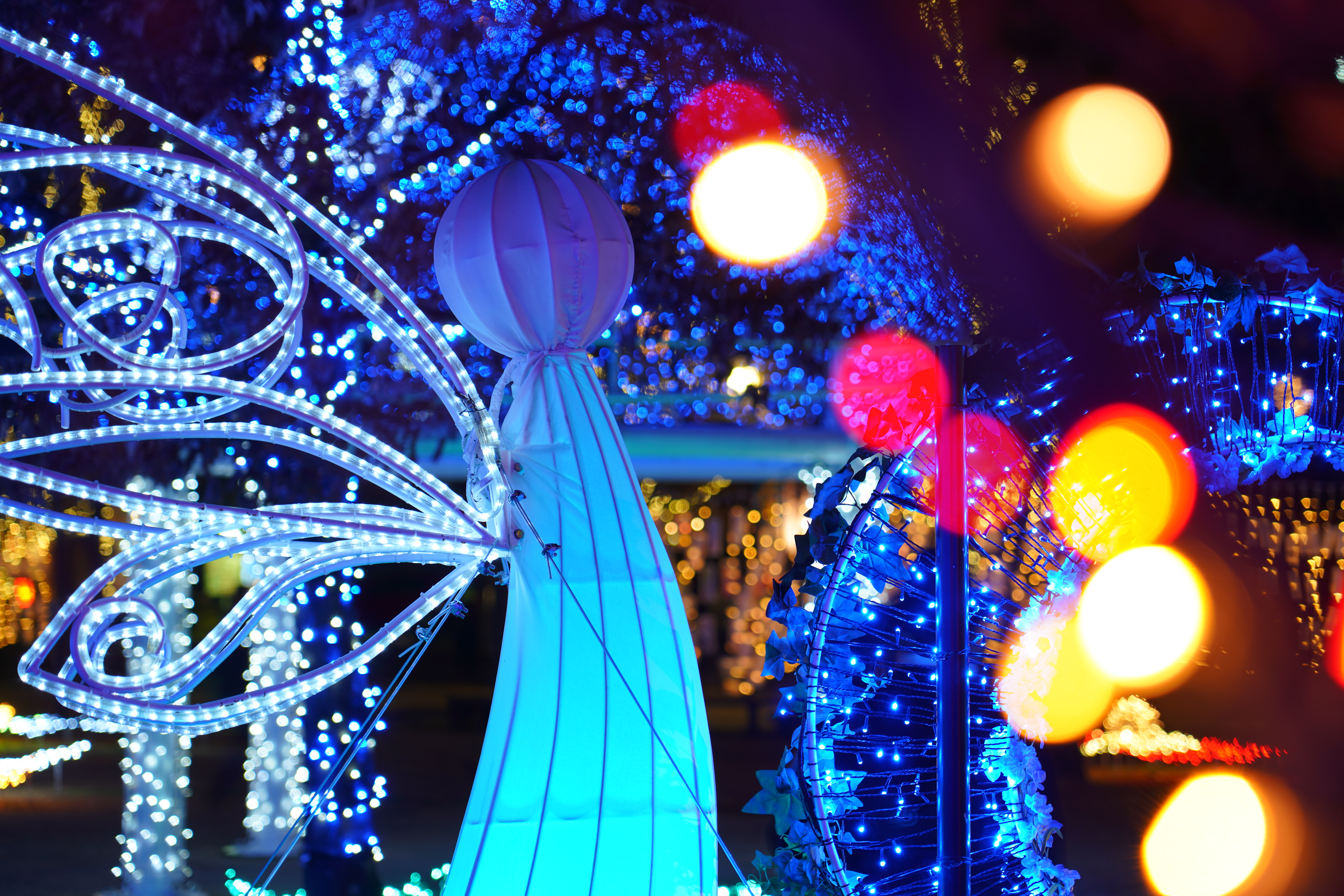 【作例】ズームテレ端絞り開放にして前ボケをアクセントに作画。後ボケが汚くなってしまったのは、手前のイルミを支えているフェンスの影響。年輪ボケはちょっとうるさい気もする。撮影データ/ソニーα7R III FE24-105mm F4 G OSS（105mm域） 絞り優先オート F8 1.3秒 +0.3EV ISO100 WB：AUTO（ホワイト優先） クリエイティブスタイル：夜景