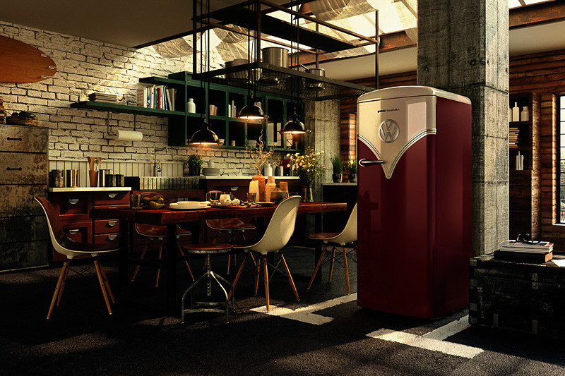 スロベニアの家電メーカーgorenje（ゴレニア）とフォルクスワーゲンのコラボレーションで生まれた「ワーゲンバス冷蔵庫」。ゴレニアの全体に丸みを帯びたノスタルジックなデザインを持つレトロ冷凍冷蔵庫「ORB152」をベースに、「タイプII」をイメージした特徴的なツートンカラーのフロントデザインを施した特別仕様。カラーはベイビーブルー（BL）/バーガンディ（R）の2色を設定。容量は260L（冷蔵235L/冷凍25L）、サイズは600×670×1540mm（幅×奥行×高さ）