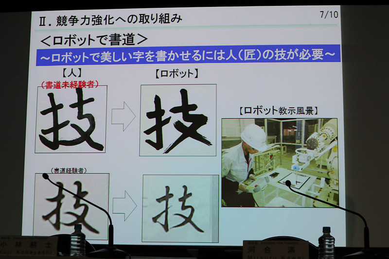 高い技能を持った人がロボットにティーチングする重要性を紹介する一例。教える人の技能に応じてロボットが書く筆文字にも大きな差が出ている