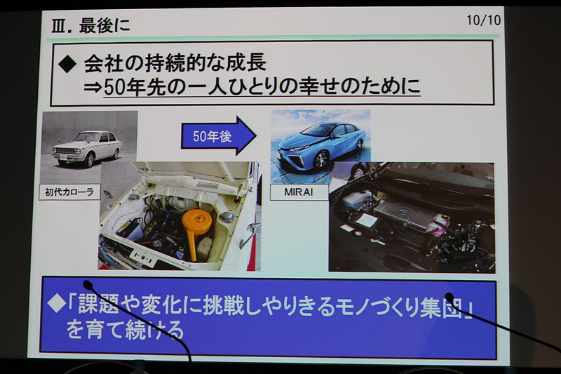 初代「カローラ」がFCVの「MIRAI」に進化したように、これからもものづくり集団を育て続けていくと河合氏はコメント