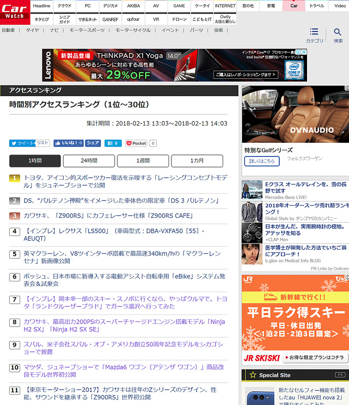 トップページのアクセスランキングの「もっと見る」リンクをクリックすると、、1時間、24時間、1週間、1カ月における1位～30位のアクセスランキングが分かるようになった