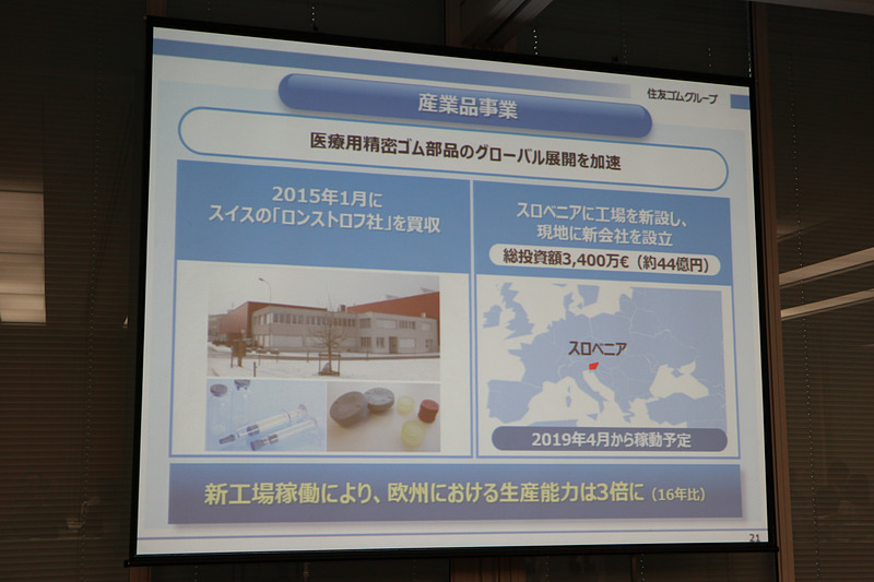 産業品事業でもロンストロフの新工場をスロベニアに新設し、医療用精密ゴム部品などの生産能力を2016年比で3倍に高める