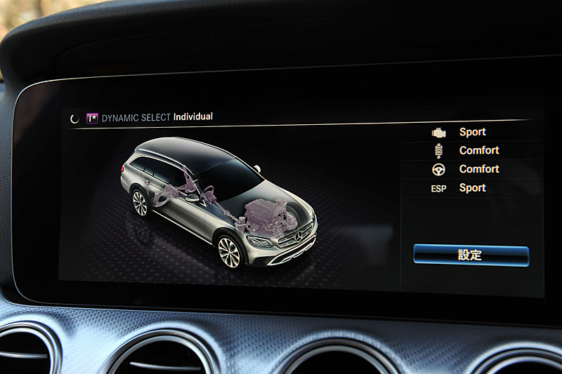 エンジンやトランスミッションの特性を切り替える「DYNAMIC SELECT」では、オールテレイン専用の「All-Terrain」モードを追加。All-Terrainモードではトランスミッションがオフロードモードに切り替わり、AIR BODY CONTROLが35km/h以下の速度で車高を20mm高くすることで、雪道や悪路での走破性を高める。そのほか「Comfort」「Eco」「Sport」「Individual」からも選択可能