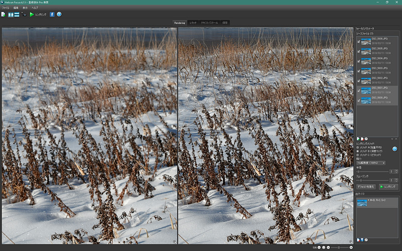 左がフォーカスブラケットで撮影した素材の1枚、右が7枚の素材で深度合成したもの。小絞りボケの影響を受けずにパンフォーカスの写真になっている