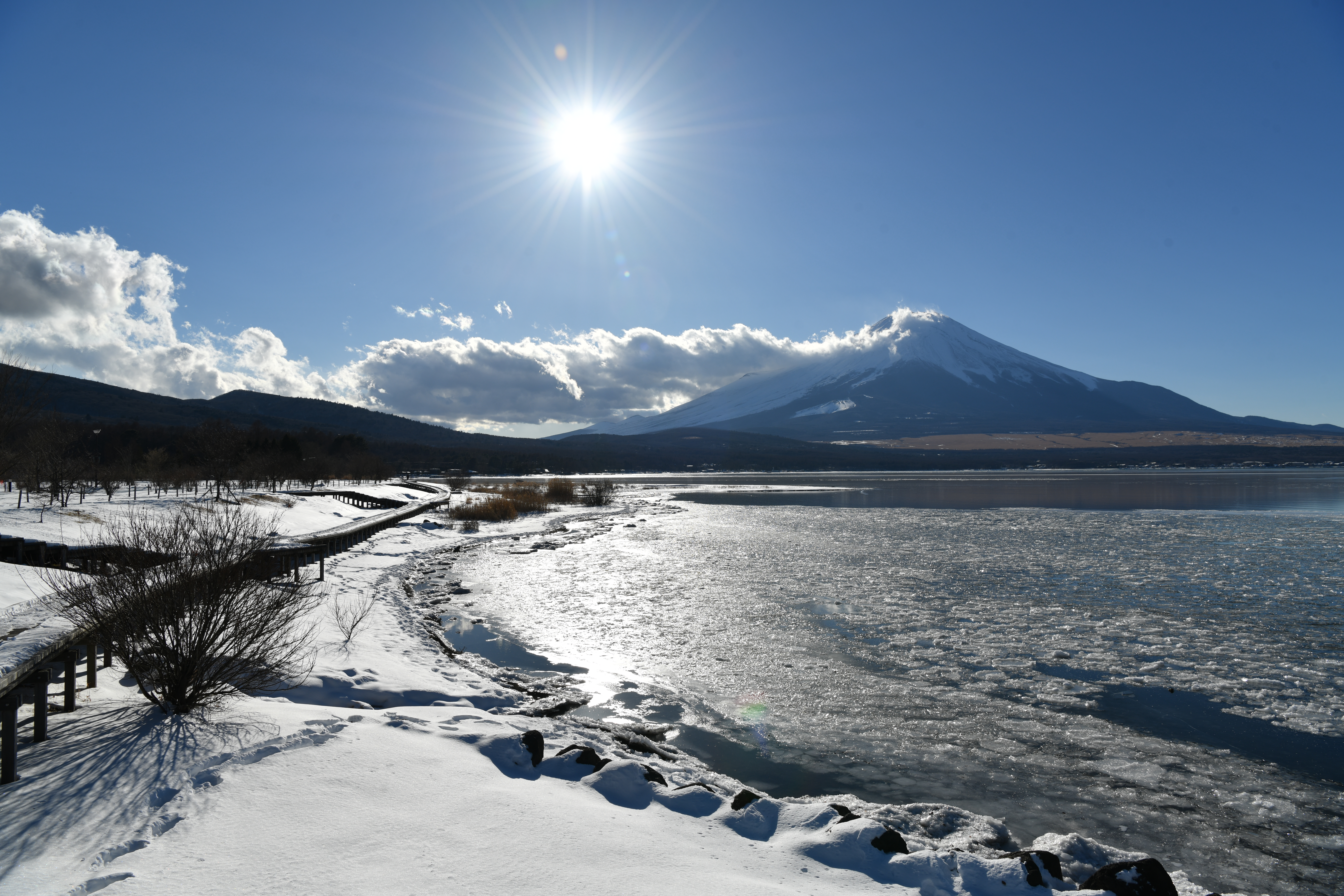 【作例】山中湖交流プラザ「きらら」横の遊歩道を散策。逆光で雪原や湖面がキラキラと輝いてとてもきれいだ<br>撮影データ／ニコン D850 AF-S NIKKOR 24-70mm F2.8E ED VR（24mm域）絞り優先オート F11 1/500秒 -0.3EV補正 ISO64 WB：自然光オート ピクチャーコントロール：スタンダード