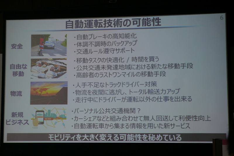 自動運転にはモビリティを大きく変える可能性があり、トヨタでは「Mobility Teammate Concept」の考え方で推進しているという
