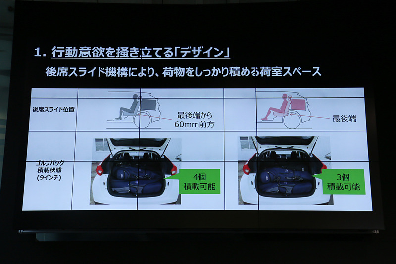 リアシートを最後端にセットしても9インチのゴルフバッグ3個がラゲッジスペースに収まる