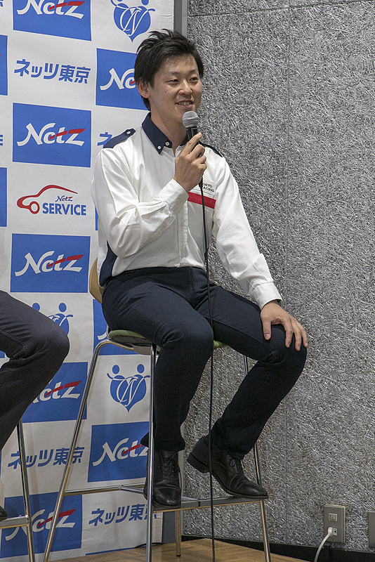 ヴィッツレースを担当する長山選手。ネッツトヨタ東京への入社は2004年で、2014年にプライベートで86/BRZ Raceに参戦していた。2017年は86/BRZ RaceとTGRラリーに参戦しており、長山選手はTGRラリーに参戦するアクアのコ・ドライバーも担当する