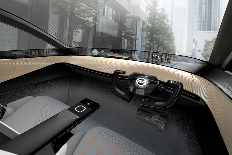 「伝統的な日本家屋の空間構成」をモチーフにしたニッサン IMx KUROのインテリア。配置されているカメラを使い、ジェスチャーや視線からAIがドライバーの意図を判断。ディスプレイ上のコンテンツを自在に操る