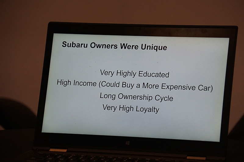 スバルのブランドアイデンティティを探るため、スバルユーザーについて行なった調査により分かったこと。高い教育レベルを持ち、収入も高く、1度クルマを購入したら長期間保有し、1度購入すると気に入って次も購入するという傾向がある