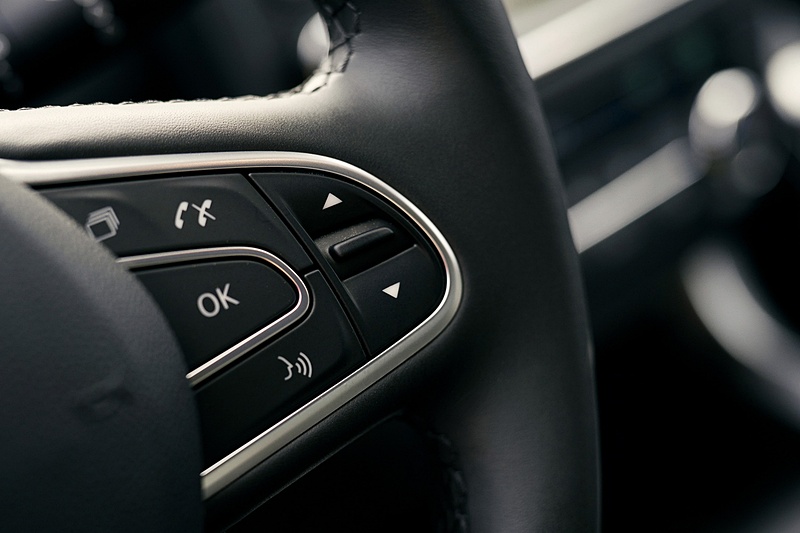 ステアリングやシフトセレクターの表皮はナパレザー。ステアリングスポークにメーターの表示内容変更やハンズフリー通話などを操作できるスイッチ類を用意する