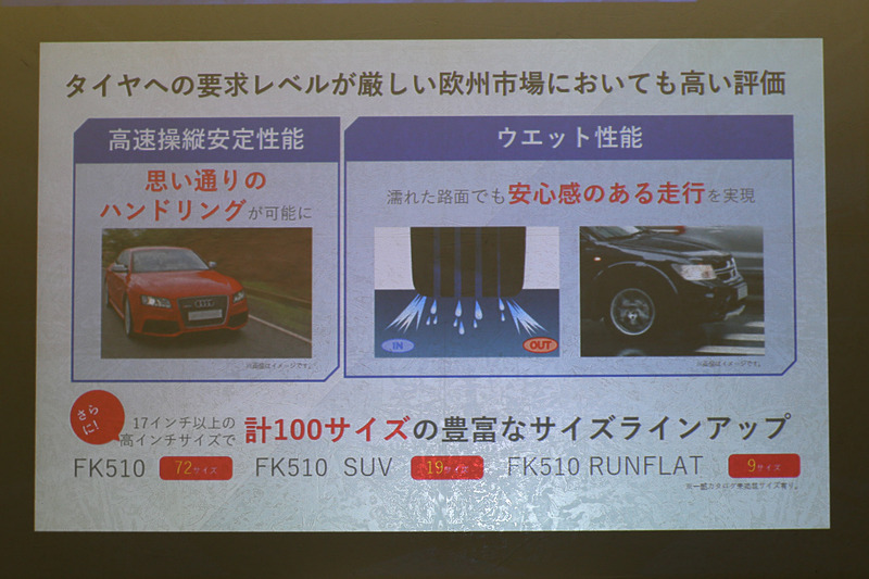 AZENIS FK510は高速操縦安定性、ウェット性能で高い性能を発揮。計100サイズ（FK510：72サイズ、FK510 SUV：19サイズ、FK510 RUNFLAT：9サイズ）を展開するのも特徴として挙げられている