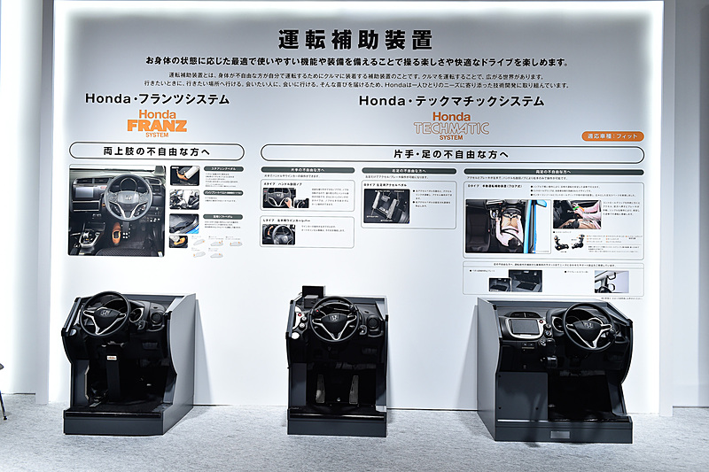 「ホンダ フランツシステム」などの運転補助装置モジュールのデモ機も並ぶ