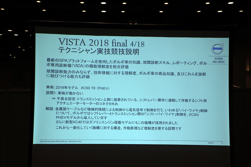 ボルボではエンジニアのスペシャリストのことを「テクニシャン」と呼ぶ。実技の課題内容はメディアにはあらかじめ公開された。コネクターはエアクリーナーケースの下側なので、ボンネットを開けても目視できない