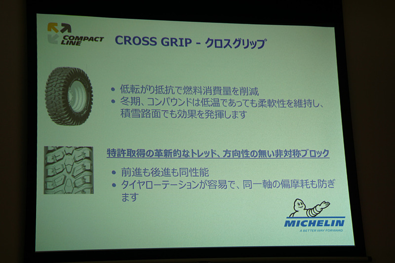 9月発売の小型ホイールローダー用のオールシーズンタイヤ「クロスグリップ」についてのスライド