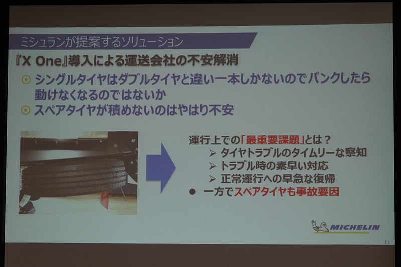 車両を軽量化するX Oneを安心して導入してもらうため、タイヤの空気圧や内部温度をリアルタイムに監視できるTPMSを以前から提案しており、6月スタートのミシュランTPMSクラウドサービスで安心感をさらに高められると高橋氏は語る