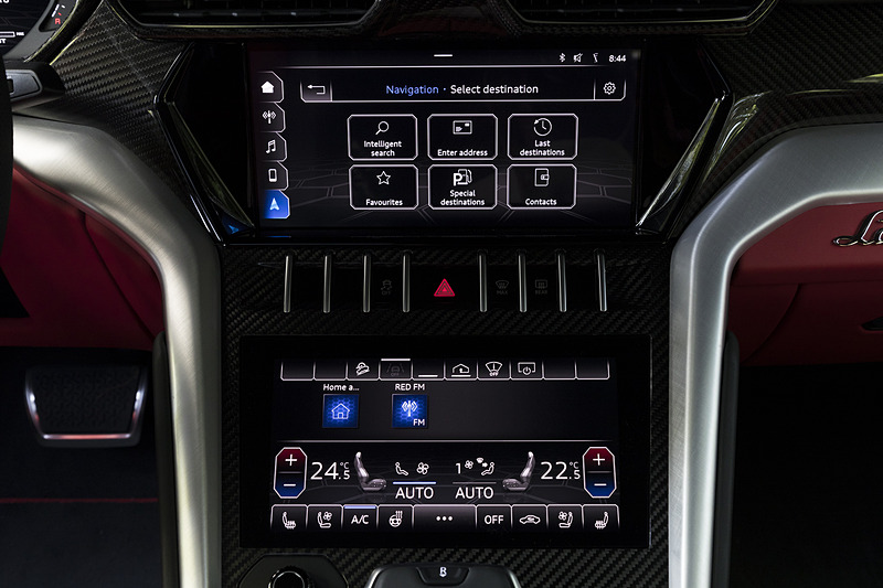 ハザードなどのスイッチ群を挟んで2つのタッチパネルディスプレイを配置