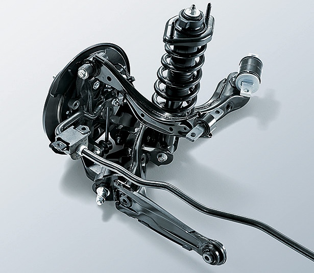 リアサスペンションはダブルウィッシュボーン式。トーションバー式の前後スタビライザーを全車で標準装備する