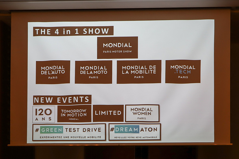これまでパリモーターショーと異なる会期で開催されていた「パリモーターサイクルショー」を同時開催にしたほか、新たにモビリティに特化したイベント「パリモビリティショー」（MONDIAL DE LA MOBITITE）、自動車業界の新しいテクノロジーに特化したB to Bのイベント「モンディアル・テック」（MONDIAL.TECH）も同時開催