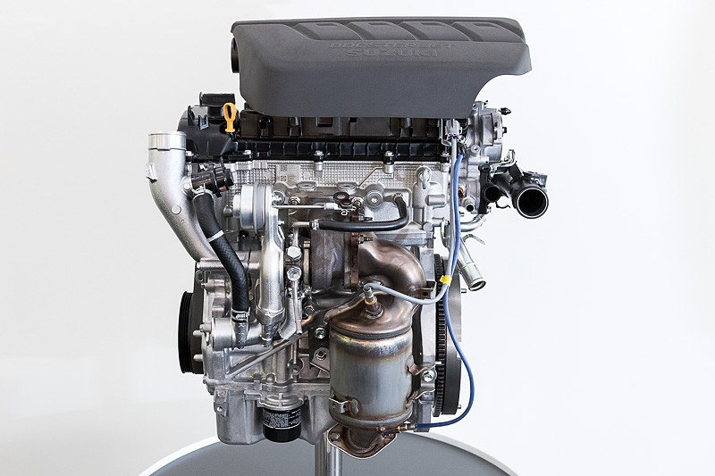 最高出力140PS、最大トルク230N･mを発生する直列4気筒DOHC 1.4リッター直噴ターボ「K14C」型“ブースタージェットエンジン”。会場では内部の様子をAR技術でもチェックできる