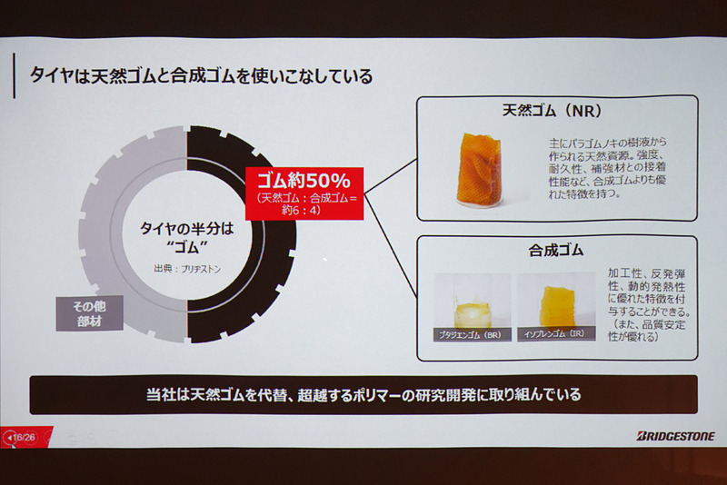 天然資源である天然ゴムは、タイヤ材料のおよそ30％を占める。代替材料を見つけることで、多様化によるリスクヘッジや資源の有効活用につながる
