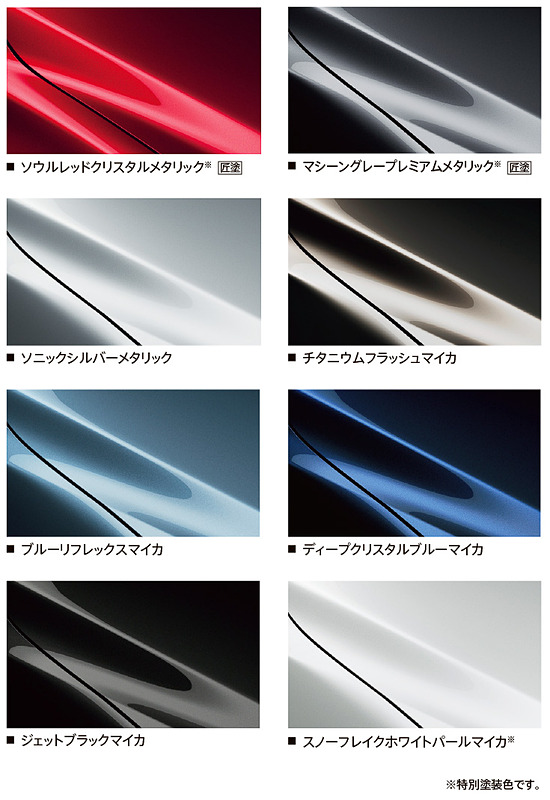 ボディカラー一覧。従来の「ソウルレッドプレミアムメタリック」は「ソウルレッドクリスタルメタリック」に変更された
