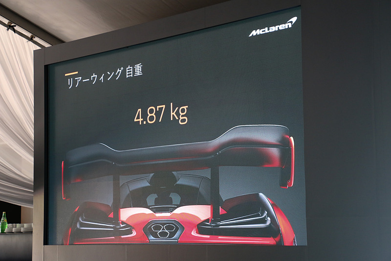 リアタイヤに強大なダウンフォースを発生させるリアウイングは、ブレーキング時に角度を立たせて制動距離を短縮するといった可動ギミックを備えつつ、重量は4.87kgとなっている