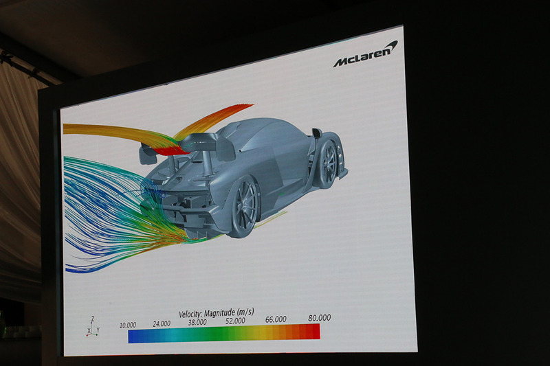 エアロダイナミクスについては、実際の開発で使用したCFDのモデルデータを紹介。ボディ周辺の空気を乱すことなく後方に流しつつ、強力なストッピングパワーを生み出すブレーキ、800PS/800N･mを発生するエンジンなどを効果的にクーリングする設計としている