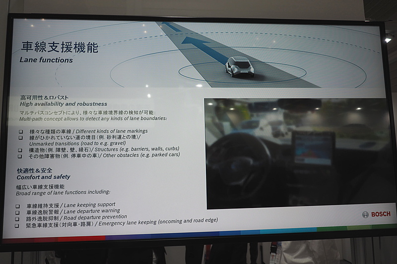 ブースでは車線のないところで走行帯をきちんと認識している動画が公開されている